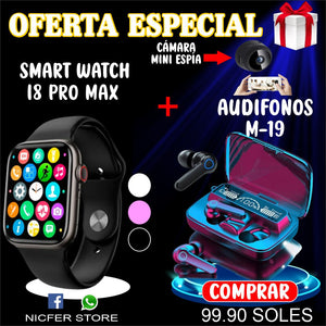 COMBO AUDIFONOS M19+ SMART WATCH I8 PRO + MINI CÁMARA ESPÍA