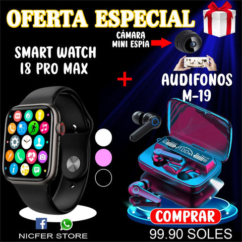 Image of COMBO AUDIFONOS M19+ SMART WATCH I8 PRO + MINI CÁMARA ESPÍA